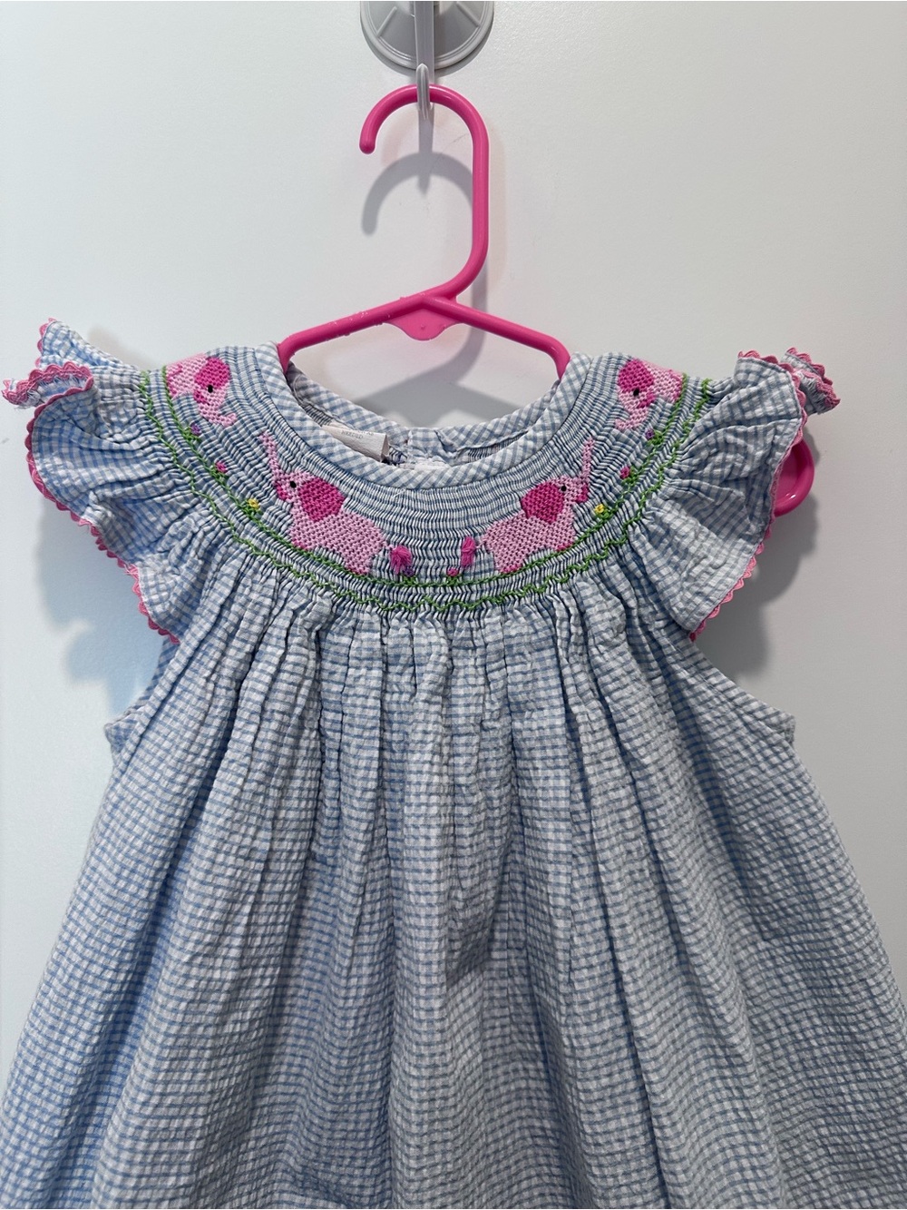 Collection BEBE Blue Seersucker Dress with Pink Smocked Elephants